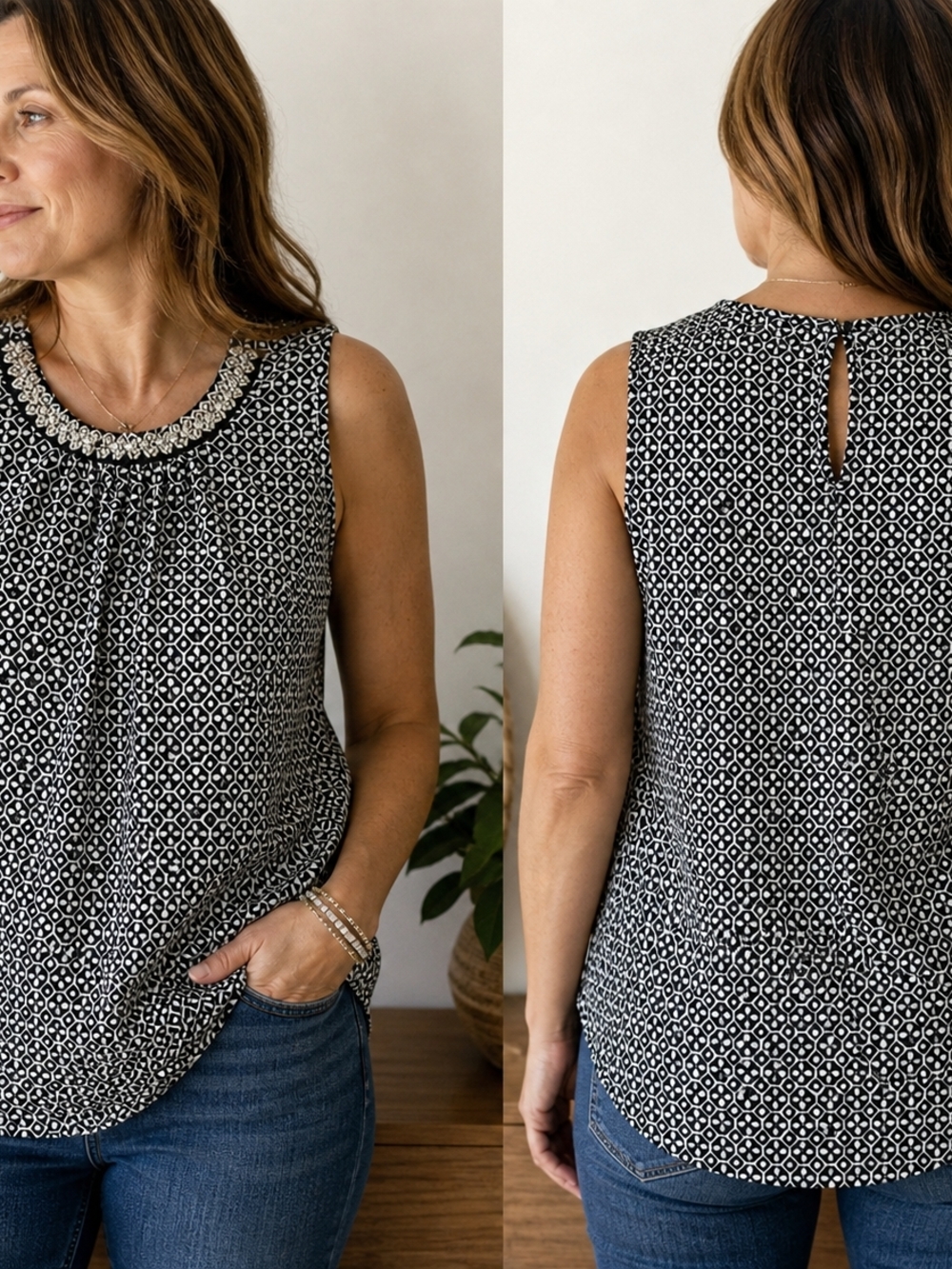 PerSeption Concept Black & White Beaded-Neck Sleeveless Camisole